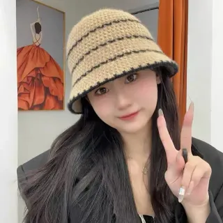 Beige and Black Striped Knitted Bucket Hat