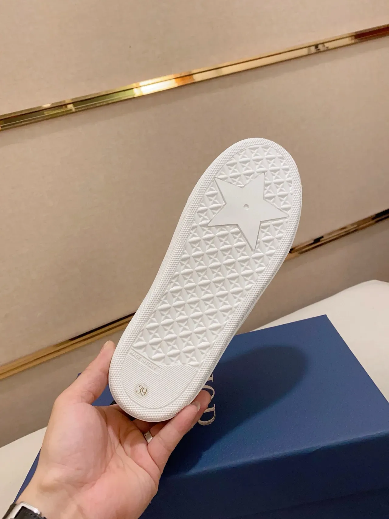 Beige and Blue Geometric Pattern Slip-On Sneaker 2