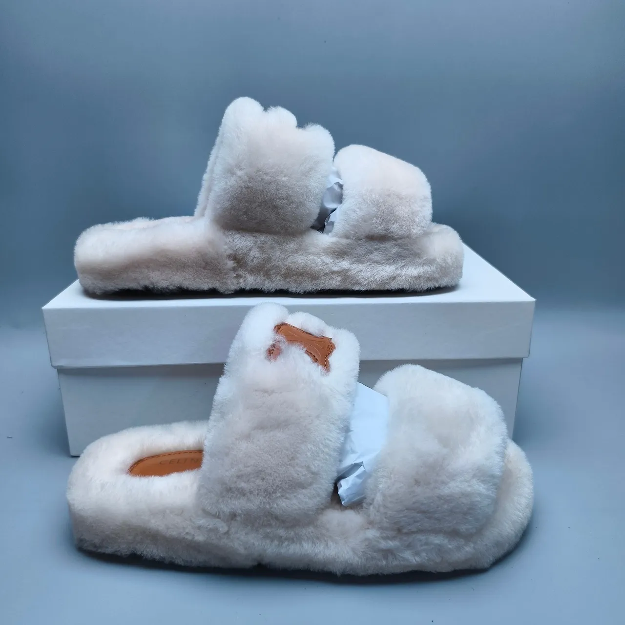 Beige Brown Plush Faux Fur Upper Double-Strap Slide Slippers 5