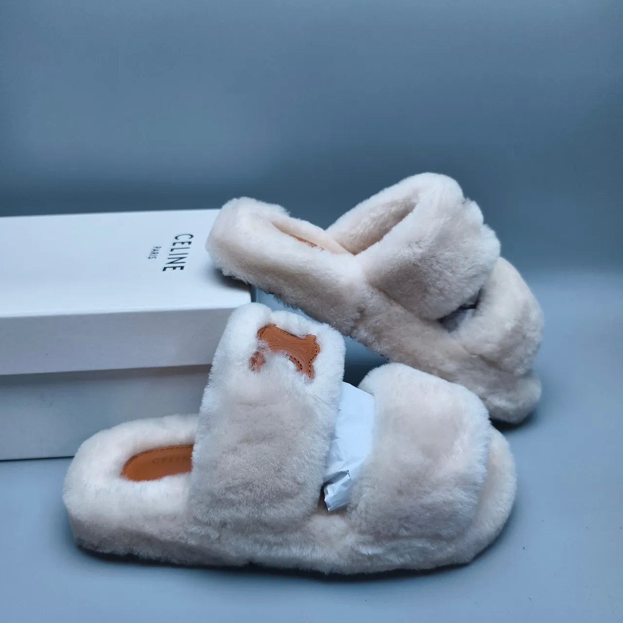 Beige Brown Plush Faux Fur Upper Double-Strap Slide Slippers 6