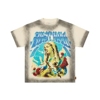 Beige Gray Acid-Wash Tie-Dye Large Religious-Art-Inspired Graphic Top