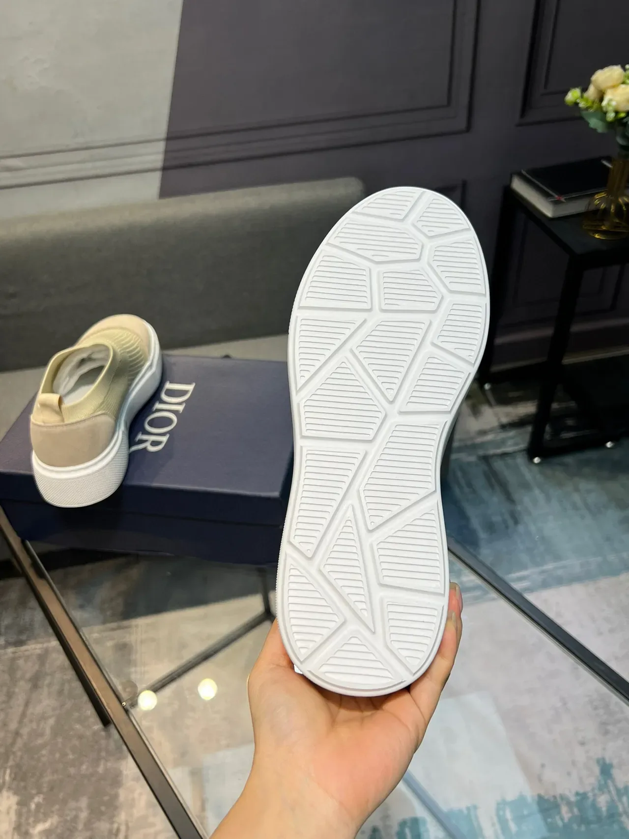 米色针织麂皮一脚蹬厚底运动鞋 7
