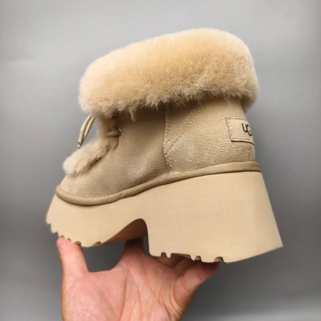 Beige Suede Platform Shearling-Trimmed Snow Boot 4