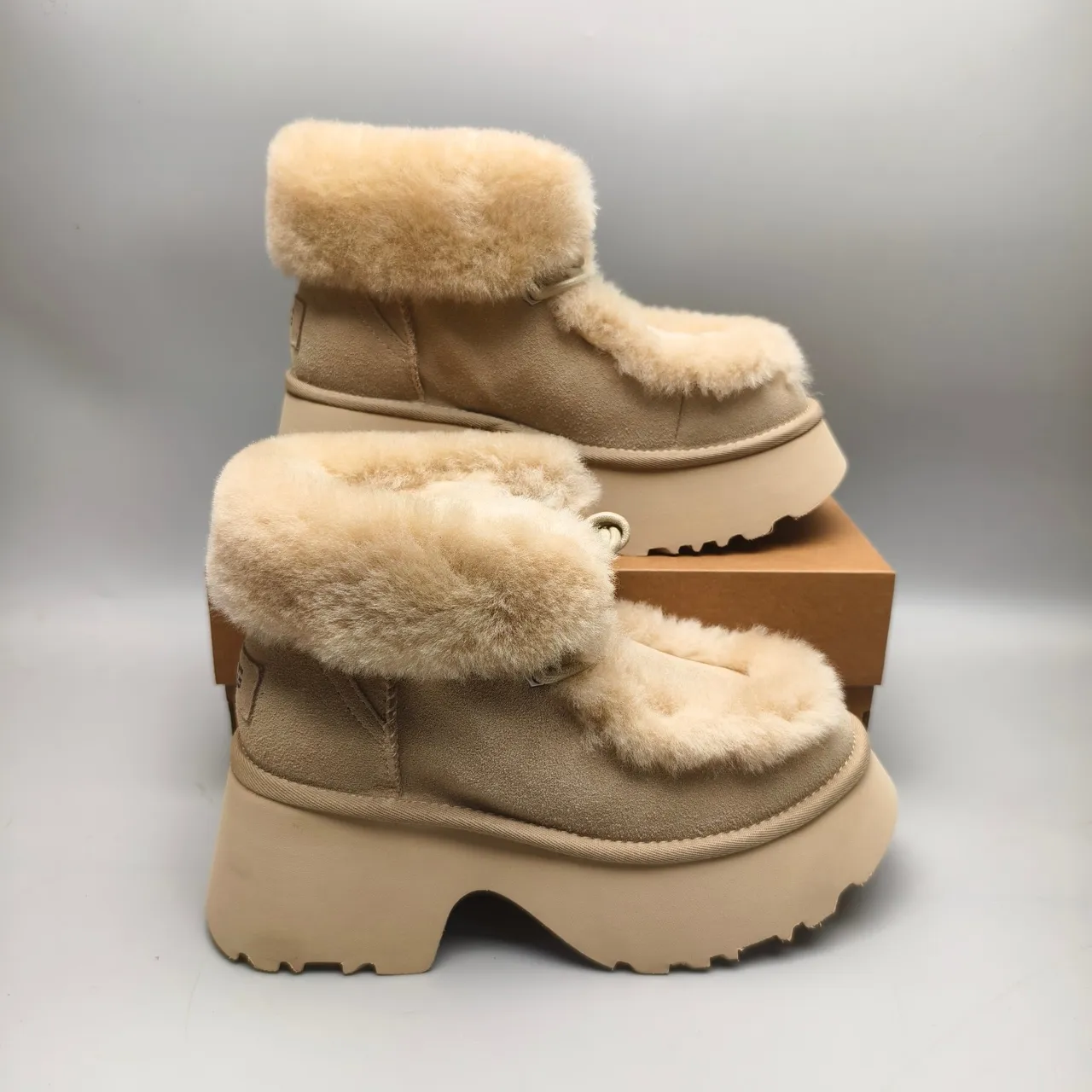 Beige Suede Platform Shearling-Trimmed Snow Boot 5