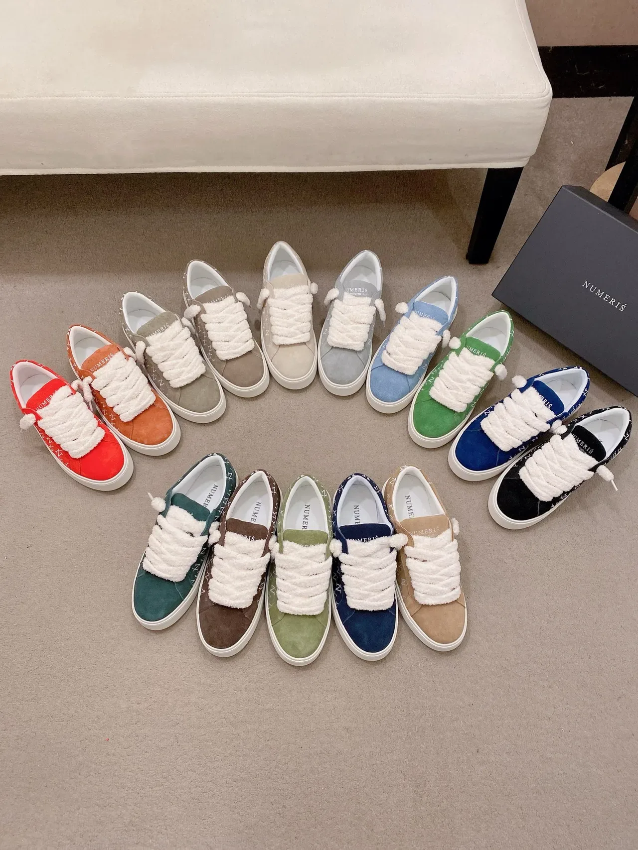 Beige White Platform Sole Suede Upper Sneakers 2