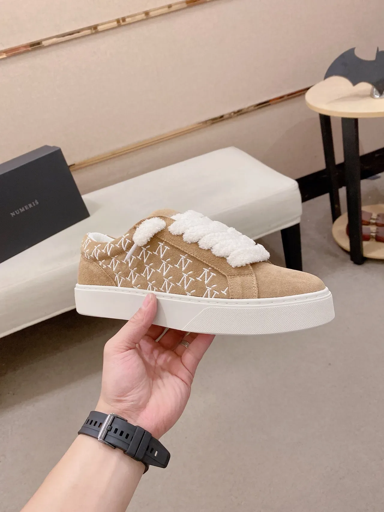 Beige White Platform Sole Suede Upper Sneakers 4