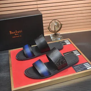 Berluti Black Blue Two-Strap Slide Iridescent Accent Slippers