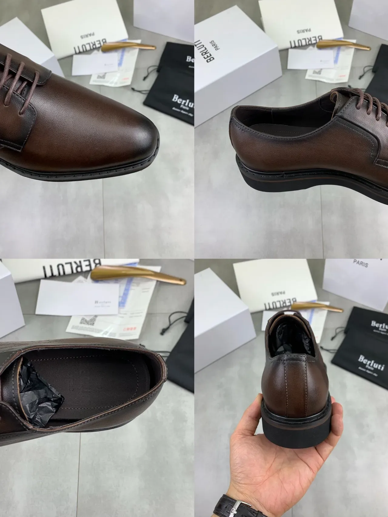 BERLUTI Brown Black Polished Leather Contrast Toe Cap And Sole Derby Shoes 2