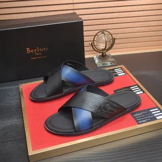 Berluti Slide Black Blue Crossed-Strap Iridescent Accent Slippers