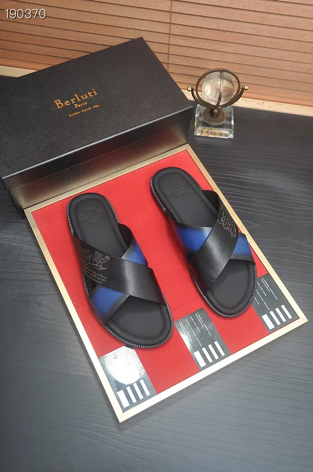 Berluti Slide Noir Bleu Bretelles Croisées Accent Iridescent Sandales 7