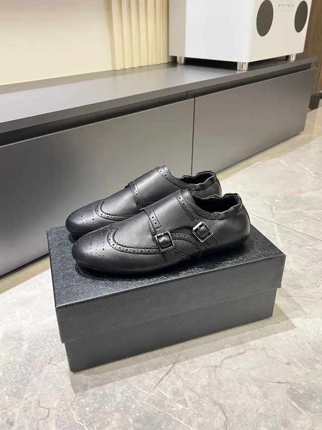 Black Double Monk Strap Brogue Leather Monk Shoes 4