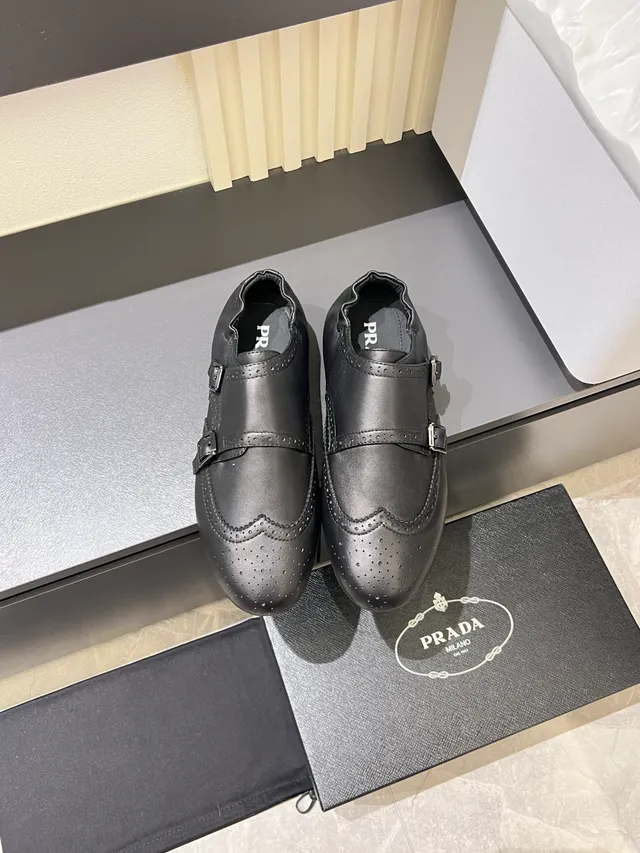 Black Double Monk Strap Brogue Leather Monk Shoes 5