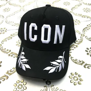 Black Embroidered 'ICON' Leaf Motif Baseball Cap