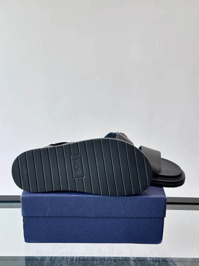 Black Navy Double-Strap Slide Suede And Leather Upper Sandals 2