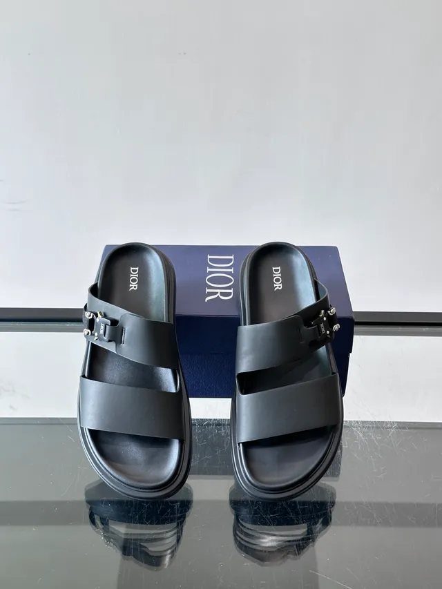 Black Navy Double-Strap Slide Suede And Leather Upper Sandals 9