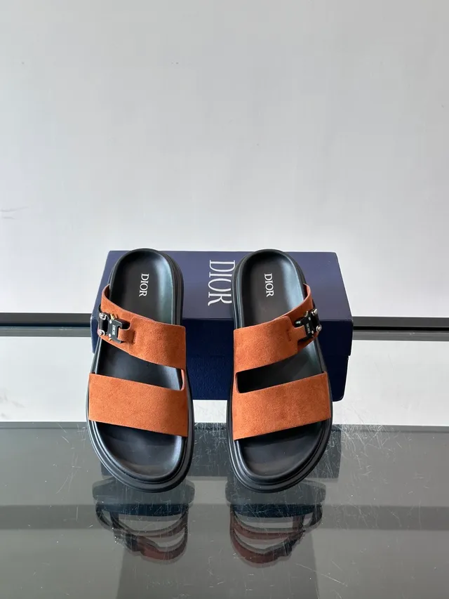 Black Navy Double-Strap Slide Suede And Leather Upper Sandals 11