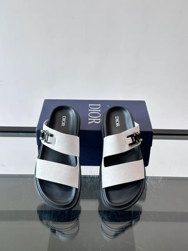 Black Navy Double-Strap Slide Suede And Leather Upper Sandals 14