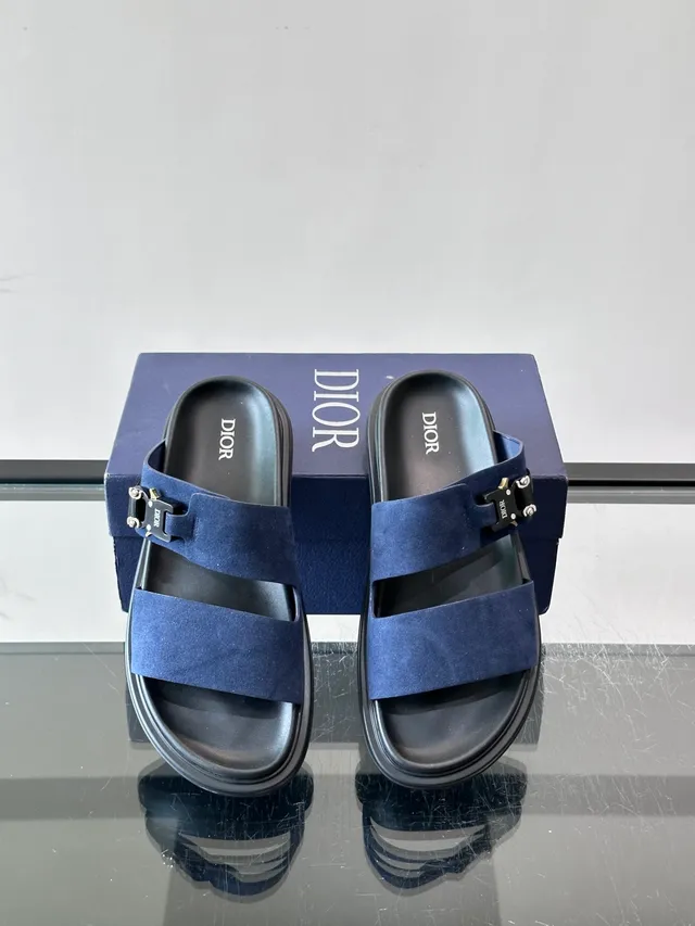 Black Navy Double-Strap Slide Suede And Leather Upper Sandals 15