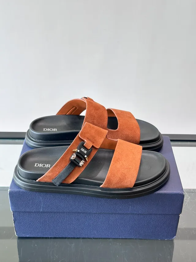 Black Navy Double-Strap Slide Suede And Leather Upper Sandals 18