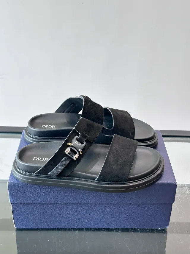 Black Navy Double-Strap Slide Suede And Leather Upper Sandals 19