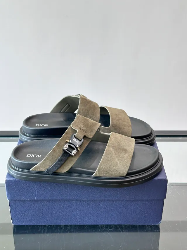 Black Navy Double-Strap Slide Suede And Leather Upper Sandals 20