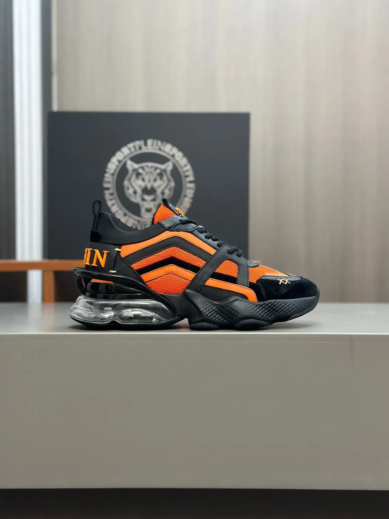 Black Orange Sole Mesh And Suede Overlay Chunky Sneakers 2
