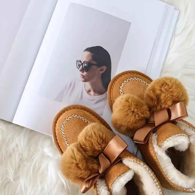 Black Pink Moccasin-Stitched Fur Pom-Pom Snow Boots 8