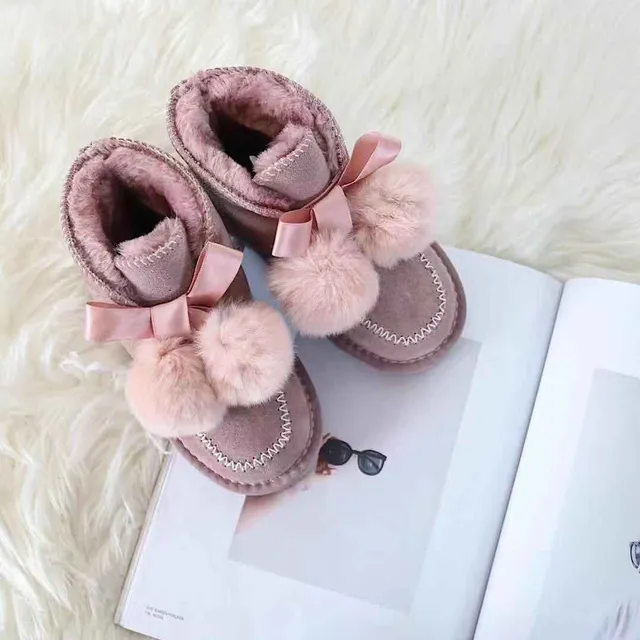 Black Pink Moccasin-Stitched Fur Pom-Pom Snow Boots 22