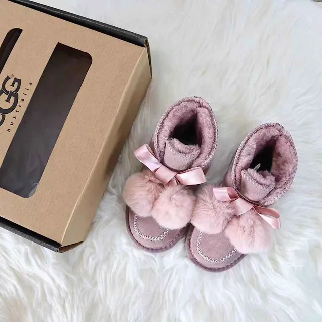 Black Pink Moccasin-Stitched Fur Pom-Pom Snow Boots 24