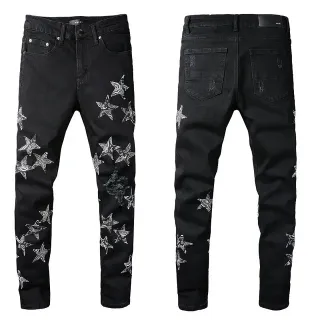 Jeans en denim usé noir et blanc avec broderie étoile