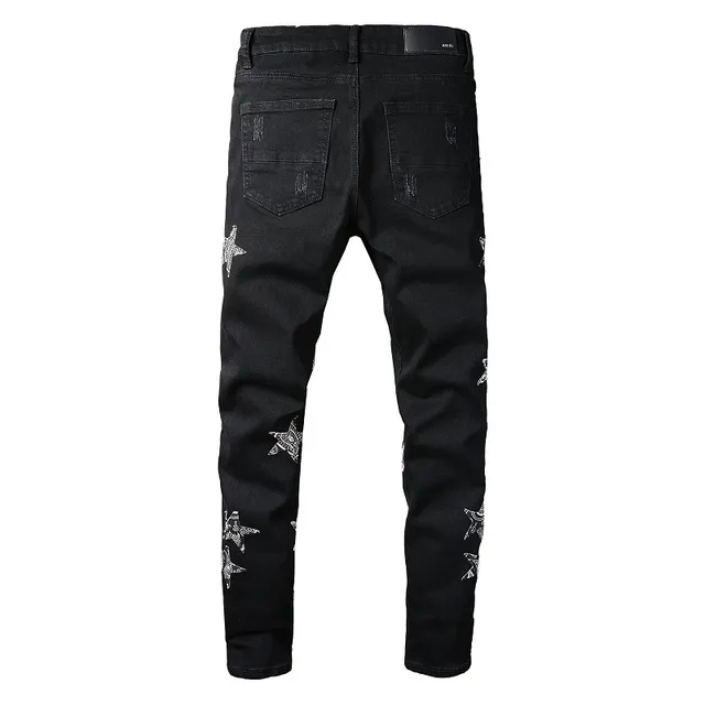 Black White Distressed Denim Star Embroidery Jeans 7