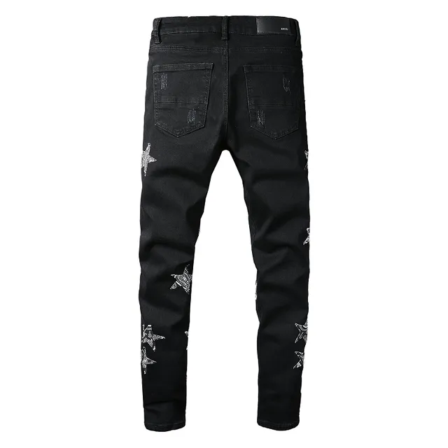 Black White Distressed Denim Star Embroidery Jeans 8