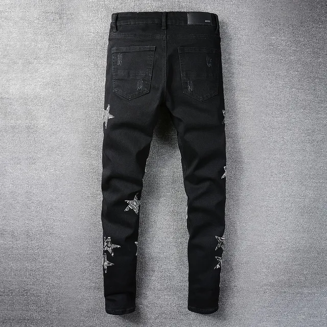 Black White Distressed Denim Star Embroidery Jeans 9