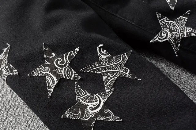 Black White Distressed Denim Star Embroidery Jeans 12