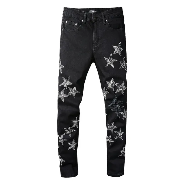 Black White Distressed Denim Star Embroidery Jeans 16