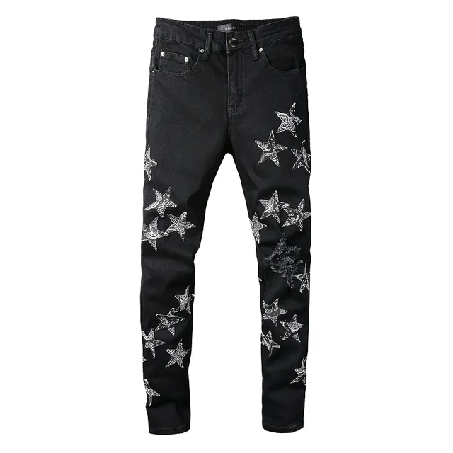 Black White Distressed Denim Star Embroidery Jeans 17