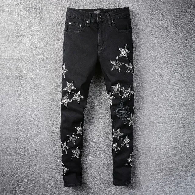 Black White Distressed Denim Star Embroidery Jeans 18