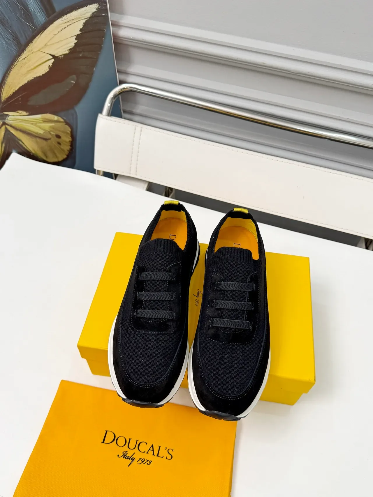 Black White Knit Upper Velvet Panel Sneakers 6