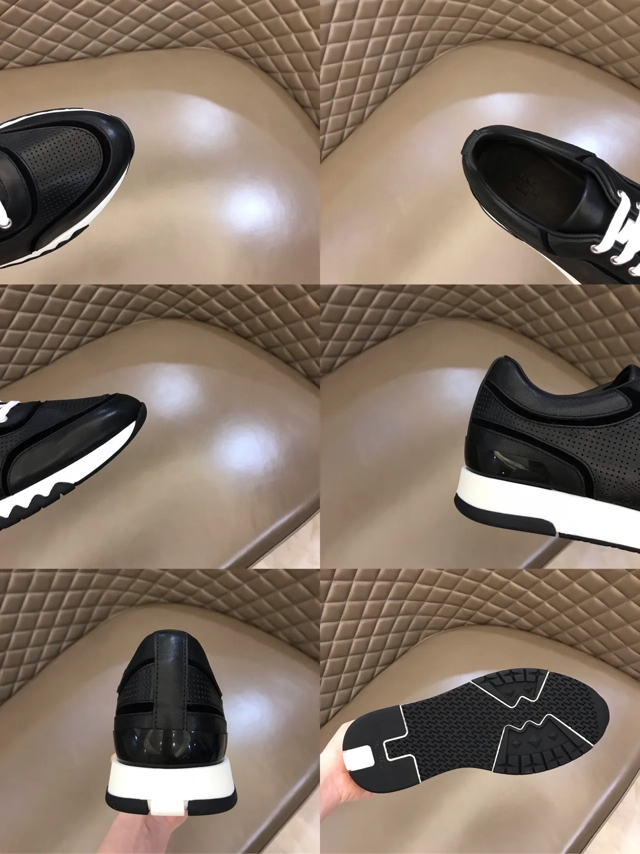 Black White Perforated Leather Upper Flat Laces Sneakers 2