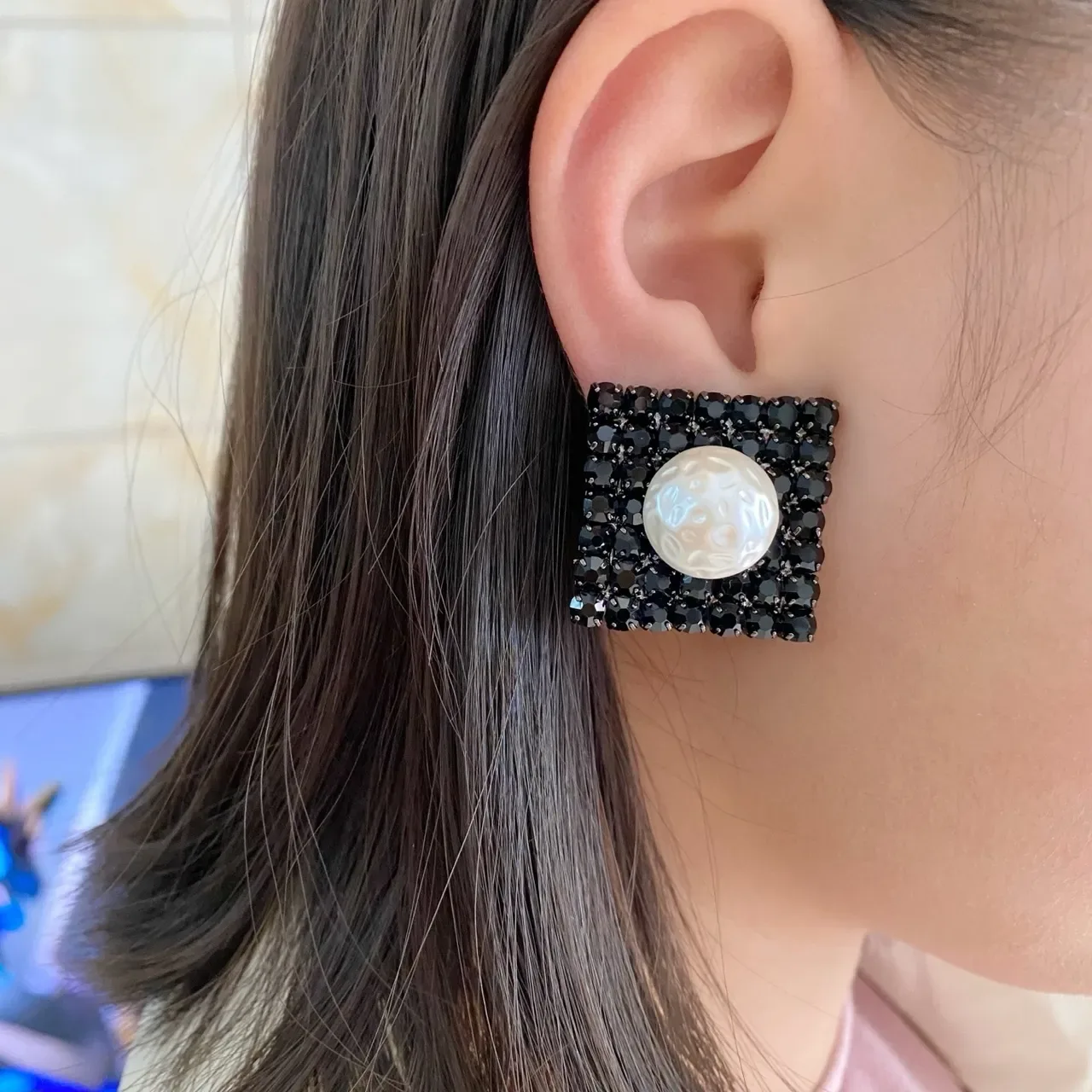 Black White Square Crystal Pavé Base Baroque Pearl Center Earrings 3