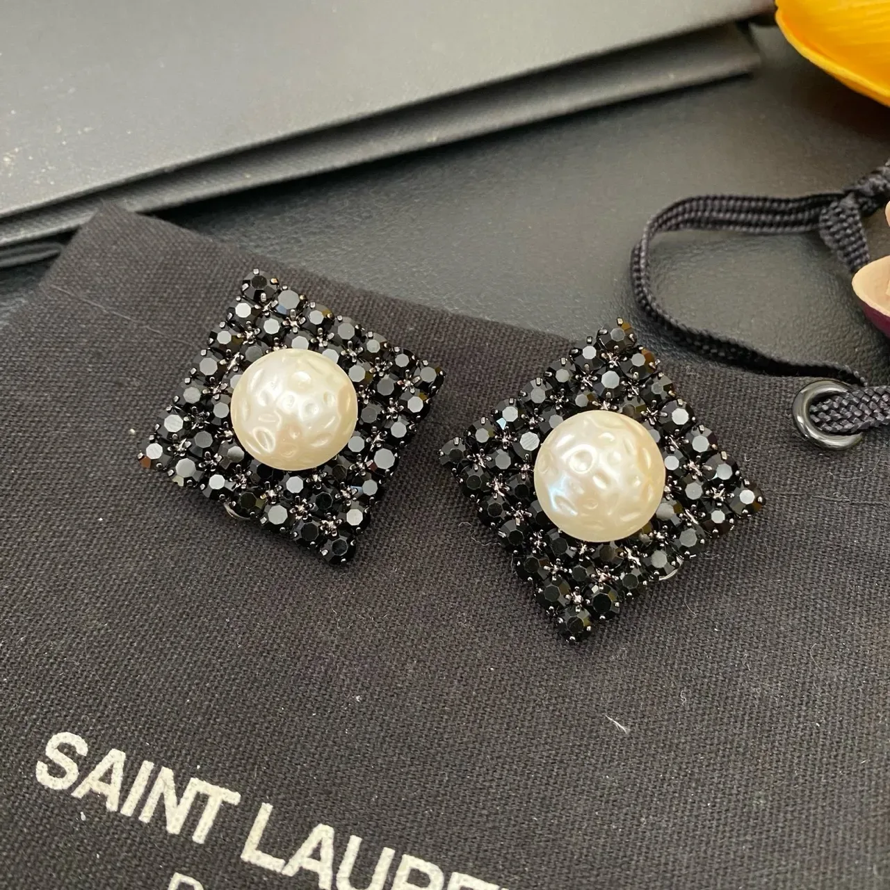 Black White Square Crystal Pavé Base Baroque Pearl Center Earrings 7
