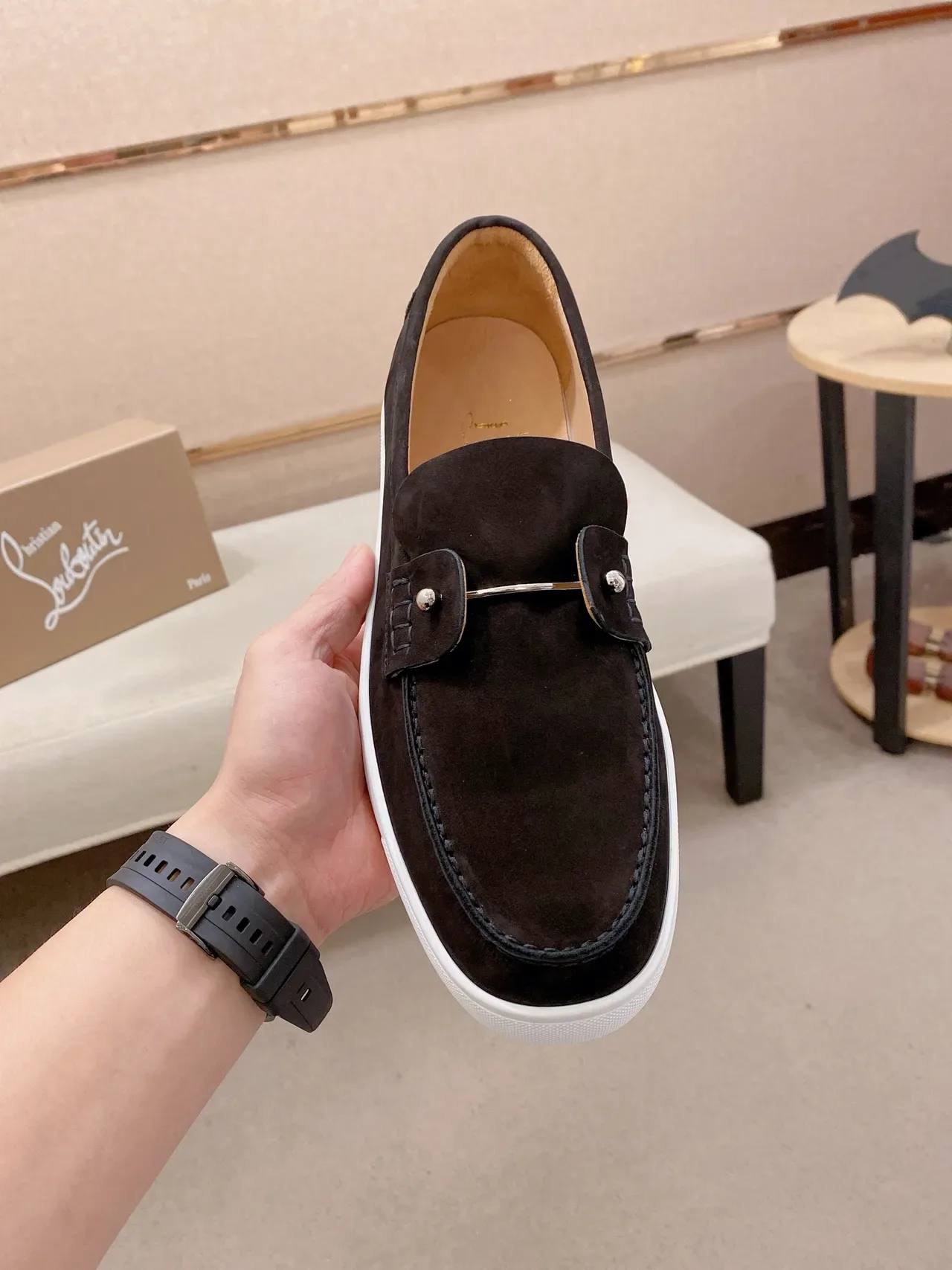 Black White Suede Upper Moc-Toe Construction Loafer 6