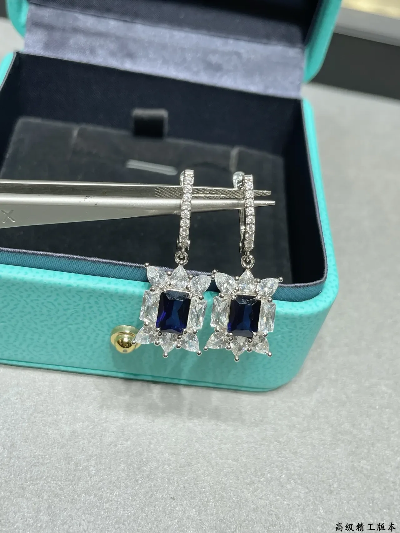Blue Center Stone Halo Floral Motif Lever-Back Earrings 6