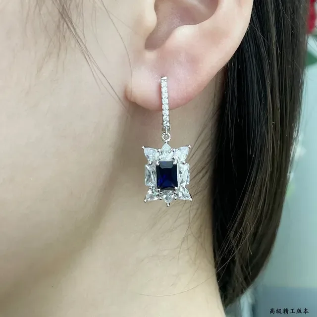 Blue Center Stone Halo Floral Motif Lever-Back Earrings 9
