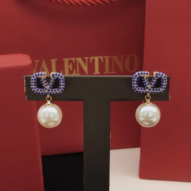 Blue Crystal Pavé Geometric Drop Pearl Earrings 2