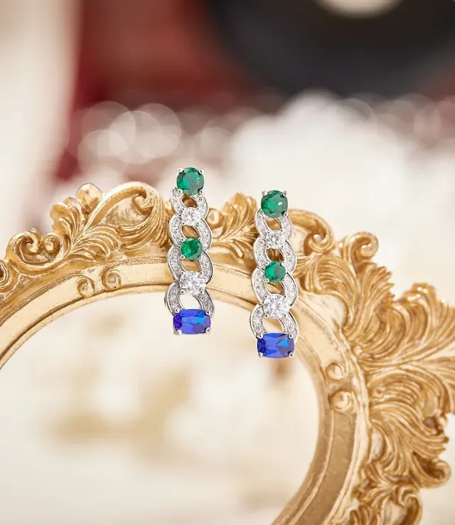 Blue Green Linked Motif Multi-Gemstone Earrings 6