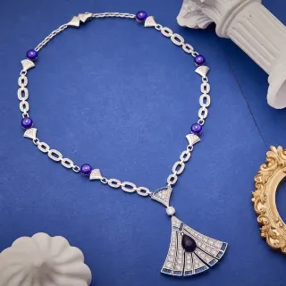 Blue Purple Art Deco-Inspired Fan Pendant Pavé-Set White Stones Necklace