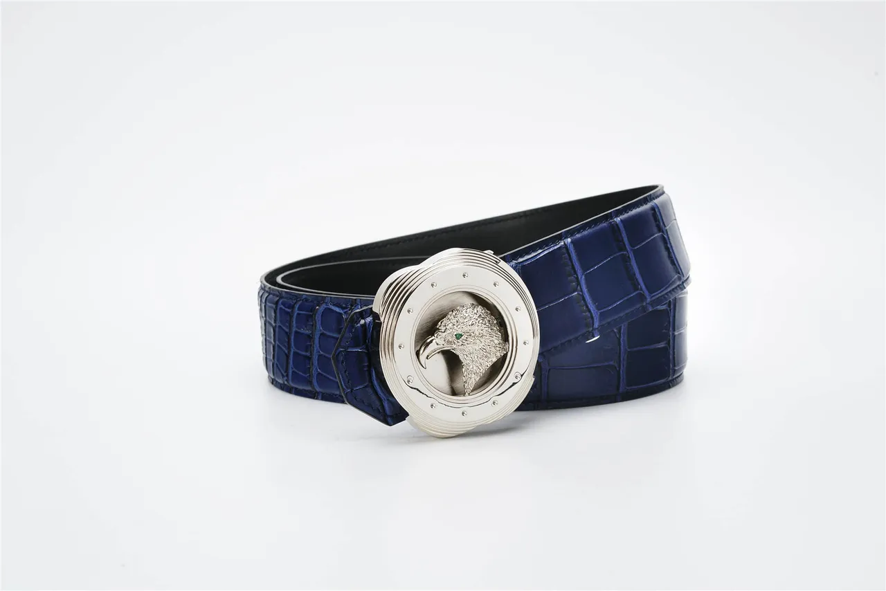 Blue Silver Crocodile-Embossed Sculpted Eagle Head Buckle Leather Belt 4