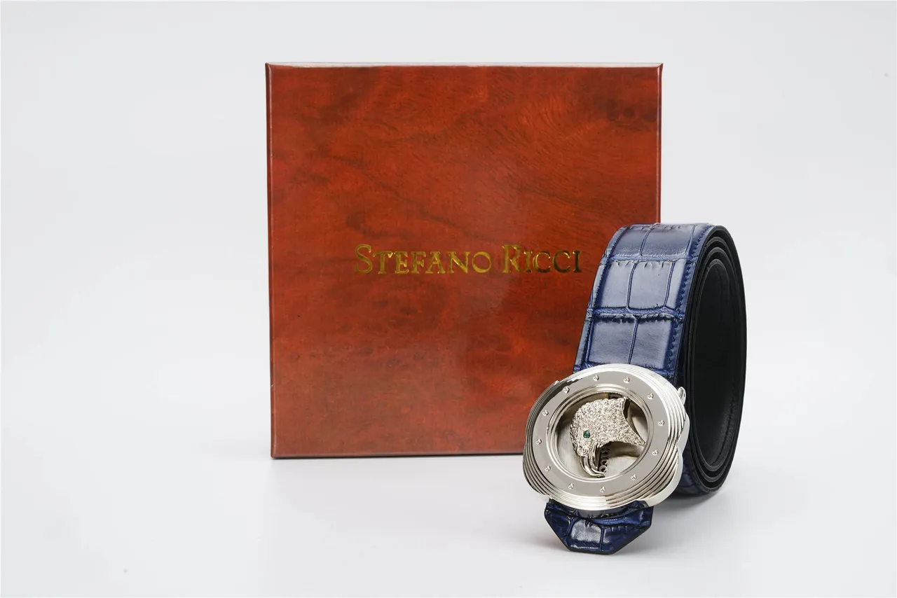 Blue Silver Crocodile-Embossed Sculpted Eagle Head Buckle Leather Belt 6