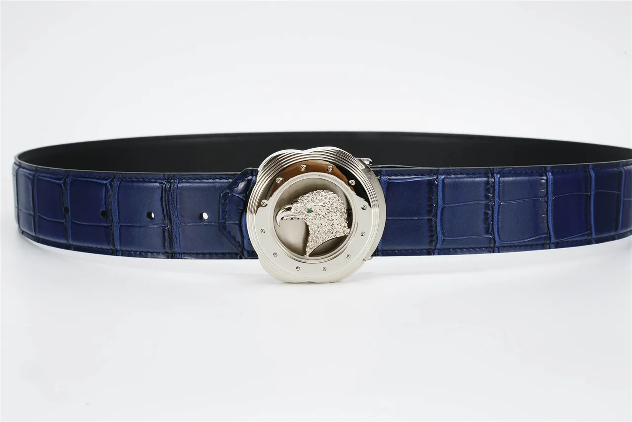 Blue Silver Crocodile-Embossed Sculpted Eagle Head Buckle Leather Belt 8